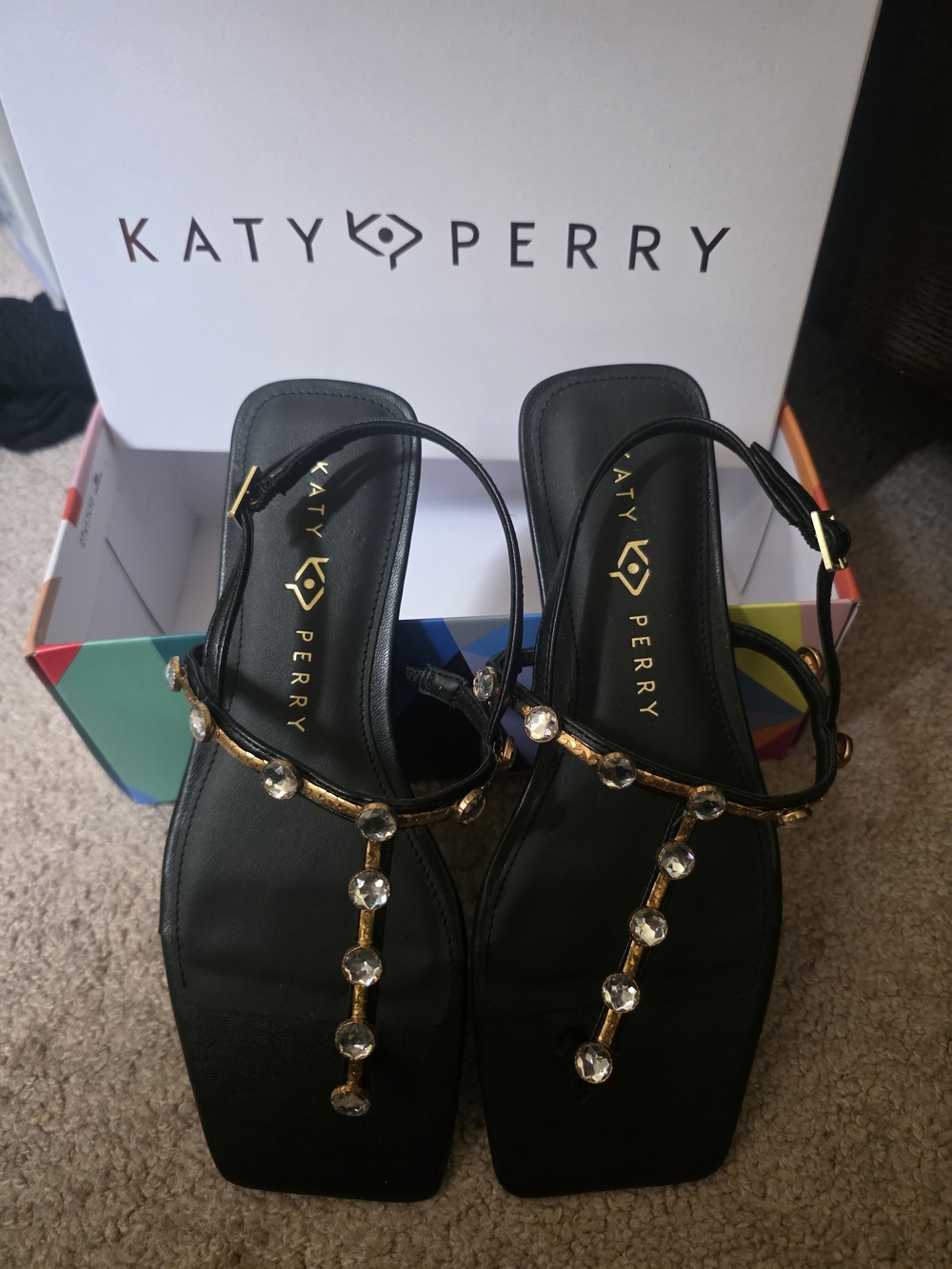 Katy Perry Collections Black T-Strap Crystal-Embellished Sandals